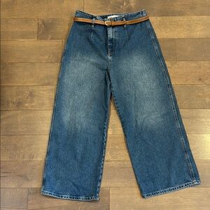 Zara Blue Wide Leg Medium Wash Jeans with Brown Belt ~ Crop